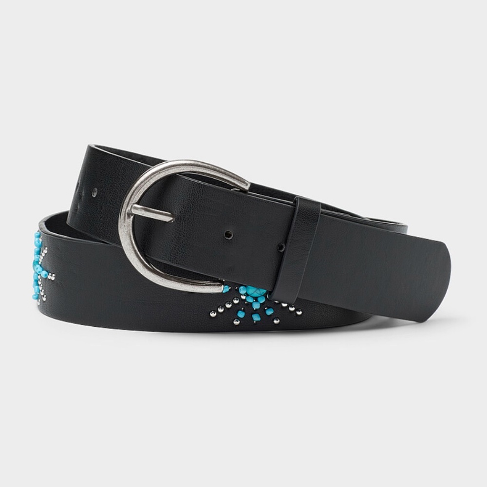 Black, blue and silver faux leather bead wide belt NWT